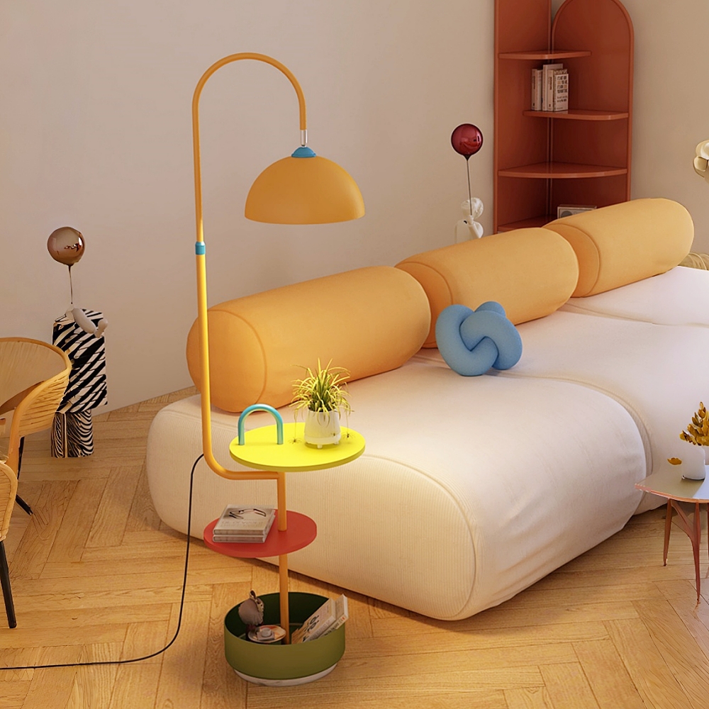 Modern Iron & Marble Floor Lamp with Integrated Storage Rack - Kids Room/Study