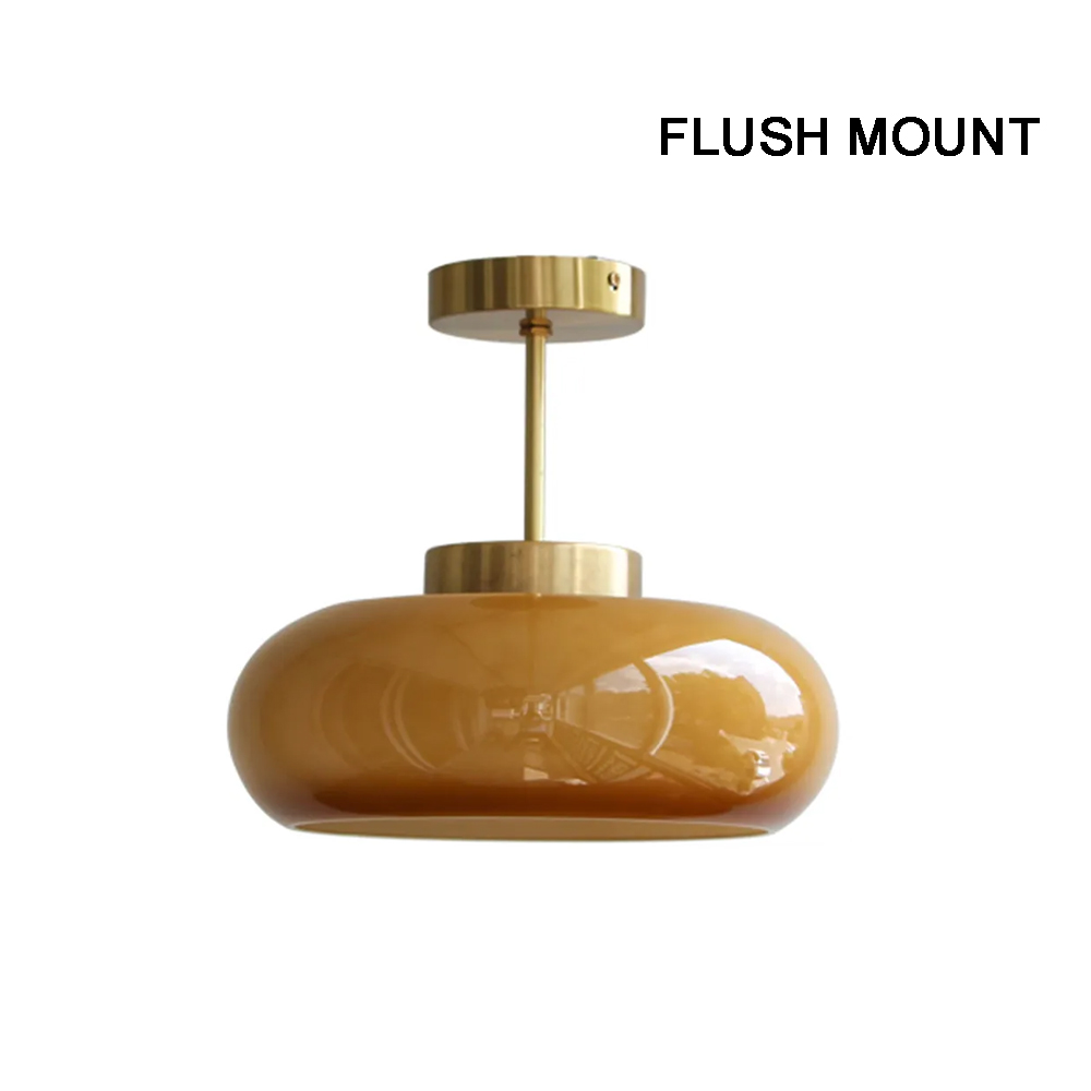 French Retro Hallway Brass Ceiling Light Medieval Restaurant Flush Mount Glass Lamp