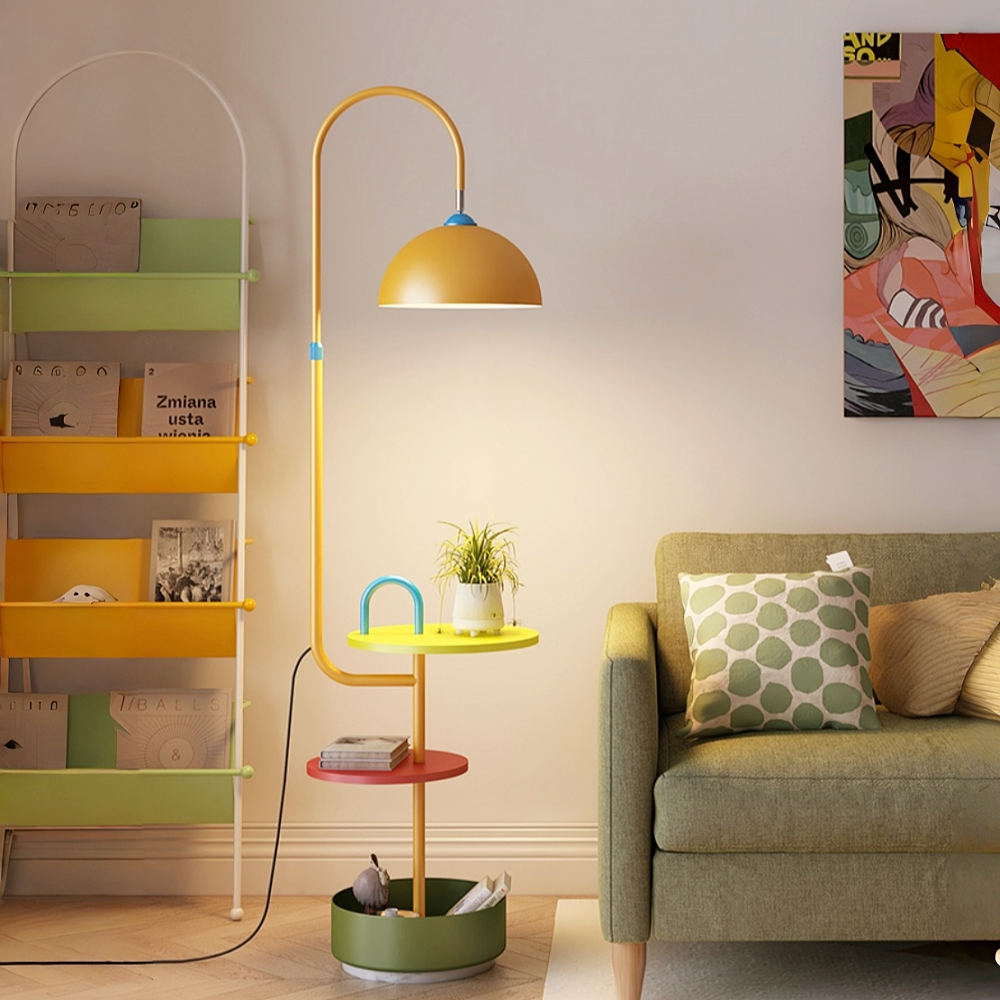 Modern Iron & Marble Floor Lamp with Integrated Storage Rack - Kids Room/Study