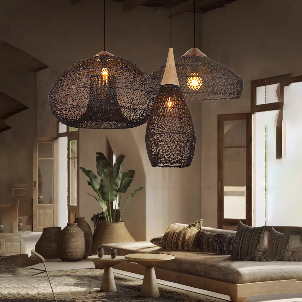 Wabi-sabi Rattan Chandeliers Rustic Handwoven Light Fixture for Restaurant
