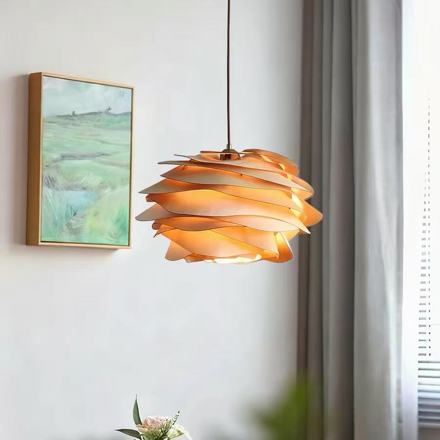 Wabi Sabi Artisanal Retro Rose Shape Solid Wood Pendant Light