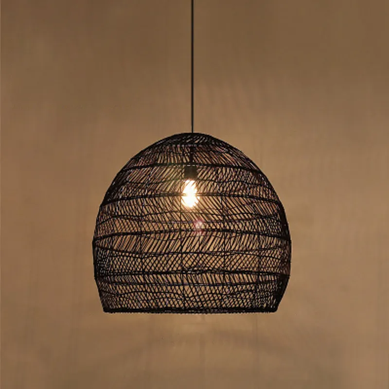 Bohemia Natural Rattan Woven Pendant Light Tatami Black Hanging Lamp Coastal Design