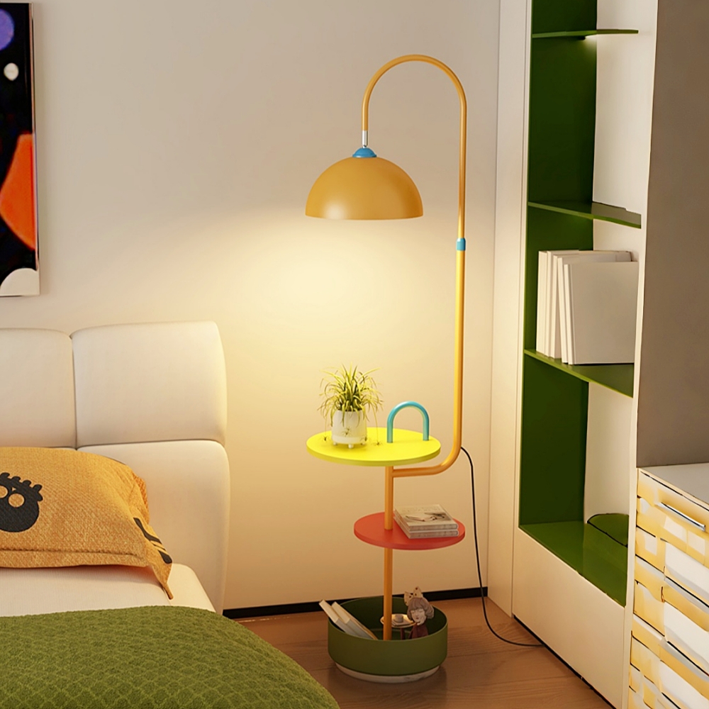 Modern Iron & Marble Floor Lamp with Integrated Storage Rack - Kids Room/Study