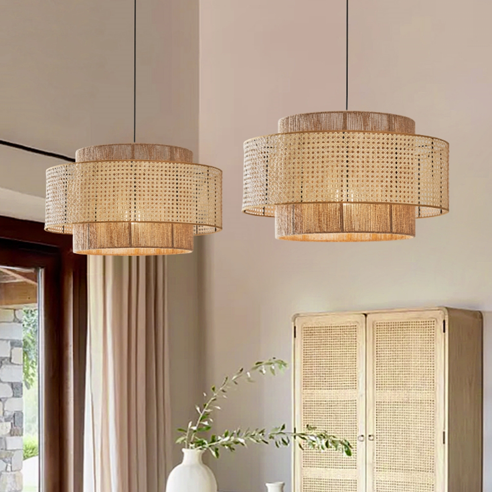 Commercial Restaurant Rattan Pendant Light Fixture Wabi-sabi Rope Woven Lantern Chandelier