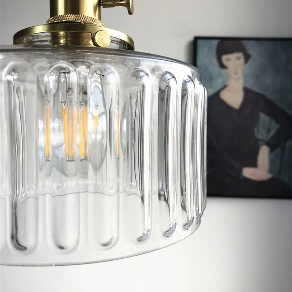 Classic Vintage Green Glass Pendant Light Cylinder Wavy Small Light Fixture