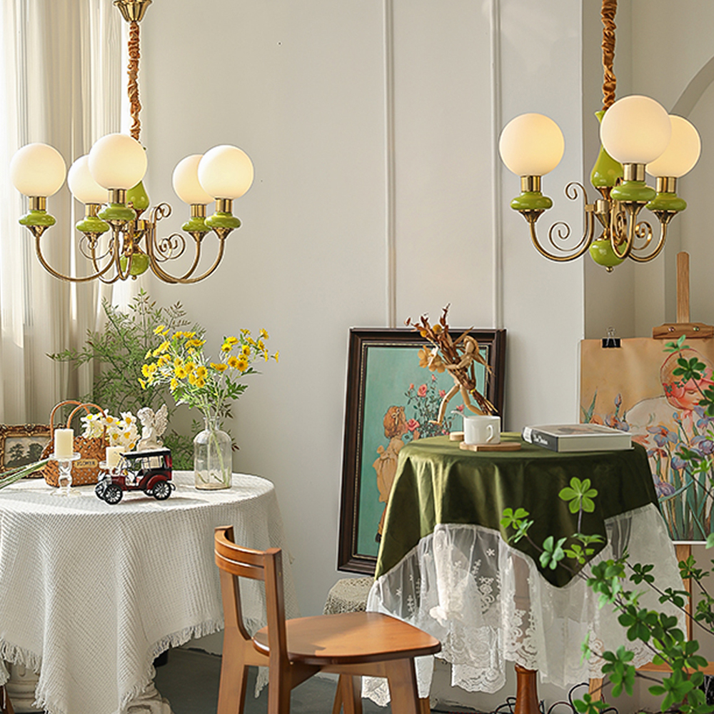 French Pastoral Fruit Green Glass Pendant Lamp B&B Retro Living Room Chandelier