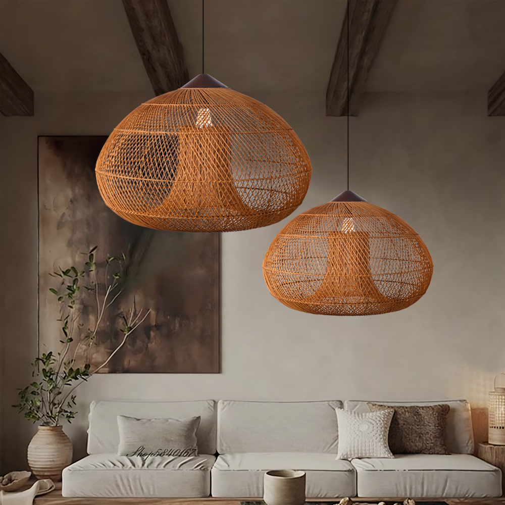 Wabi-sabi Rattan Chandeliers Rustic Handwoven Light Fixture for Restaurant