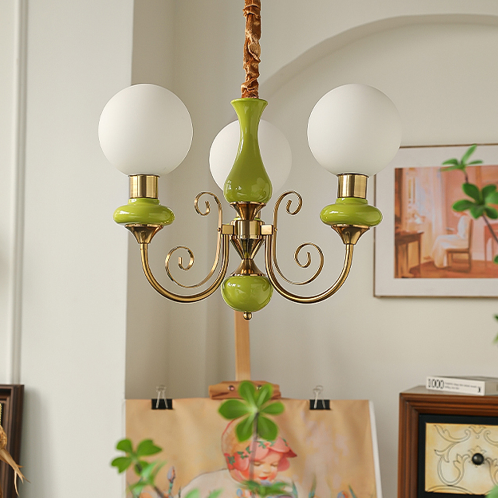 French Pastoral Fruit Green Glass Pendant Lamp B&B Retro Living Room Chandelier