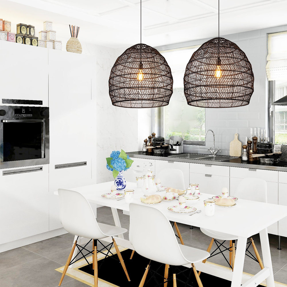 Bohemia Natural Rattan Woven Pendant Light Tatami Black Hanging Lamp Coastal Design