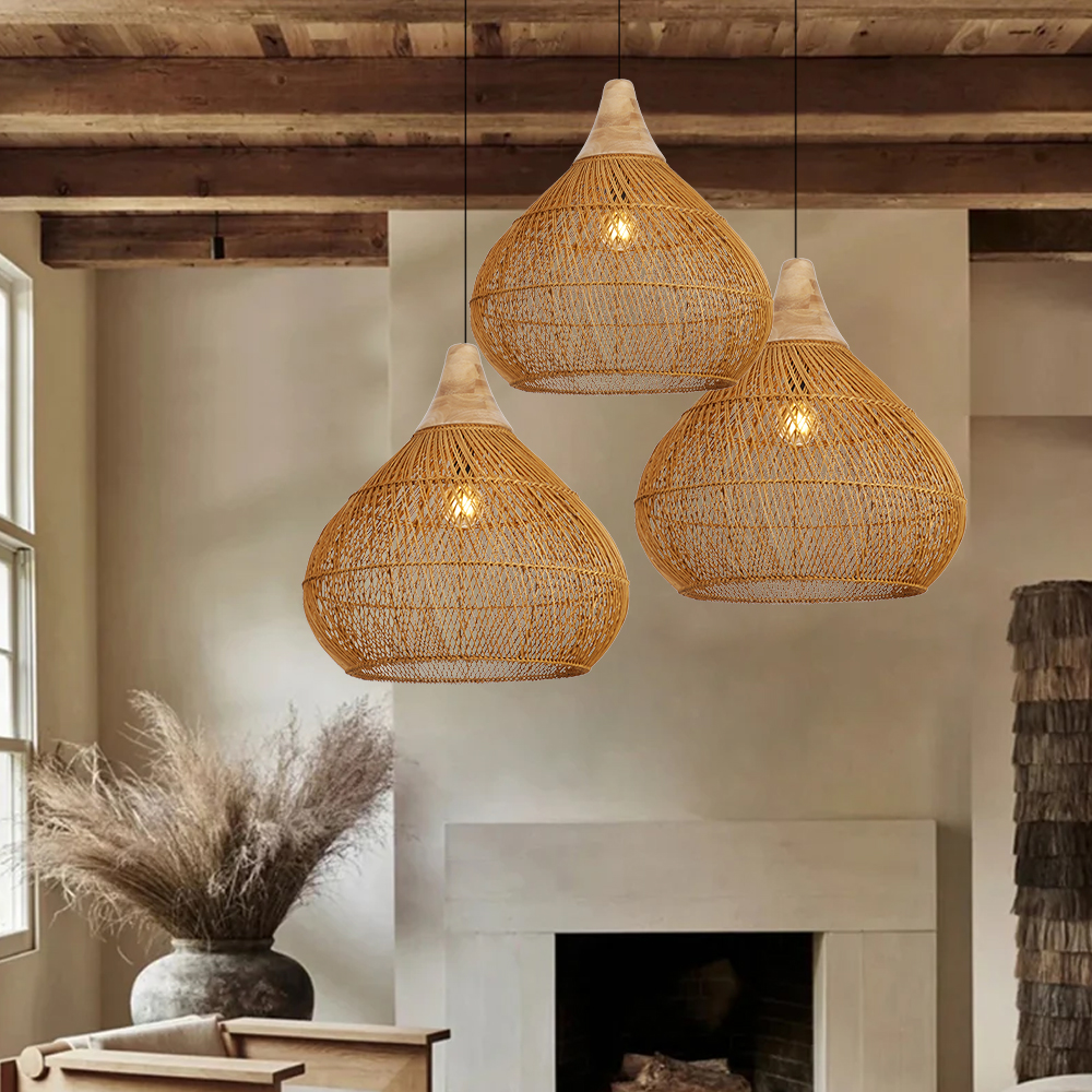 Wabi-sabi Rattan Chandeliers Rustic Handwoven Light Fixture for Restaurant