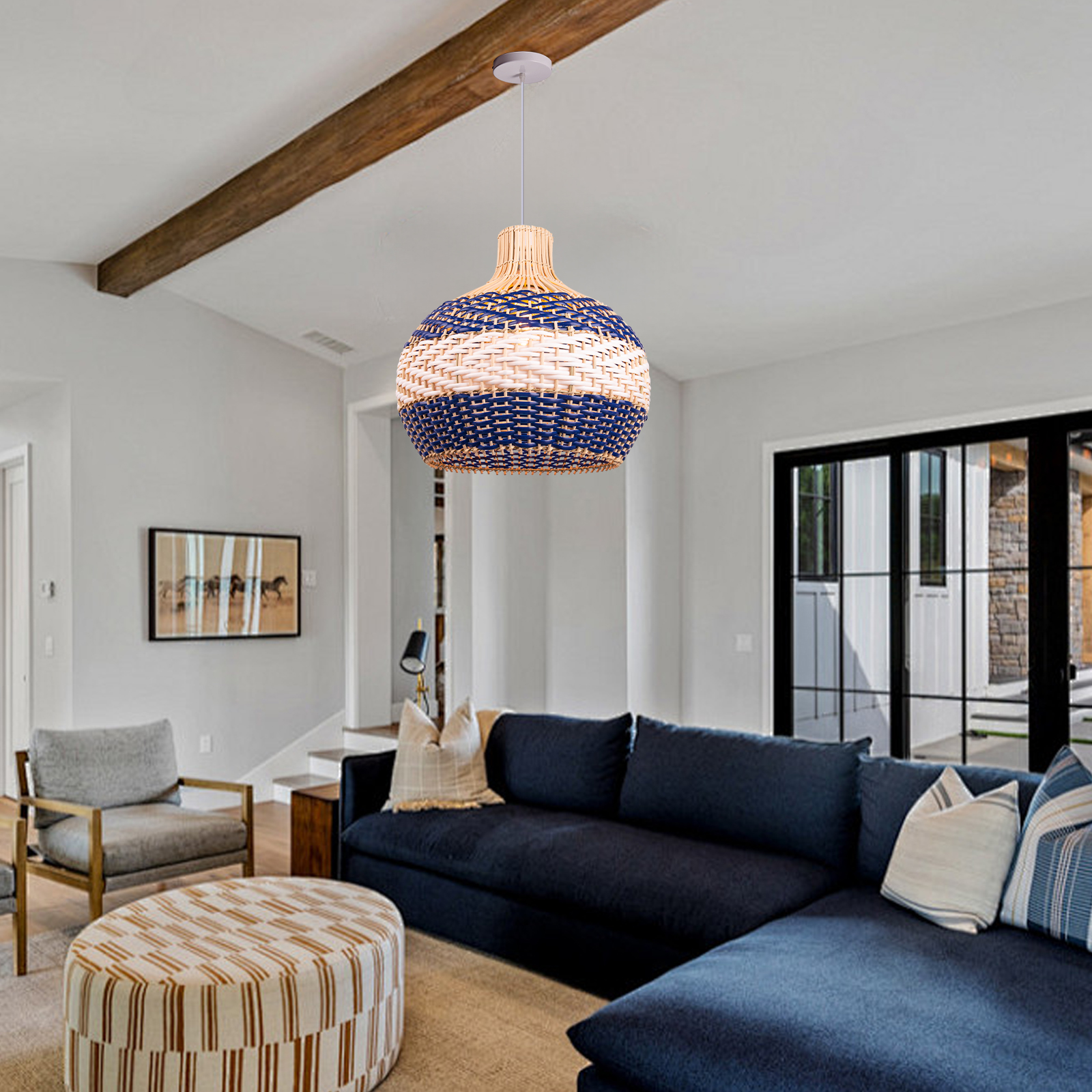 Japanese Style Army Blue Rattan Pendant Light For Dining Room