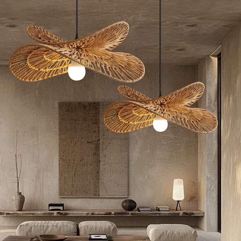 Vintage Handmade Rattan Woven Creative Double-Layer Straw Hat Pendant Light