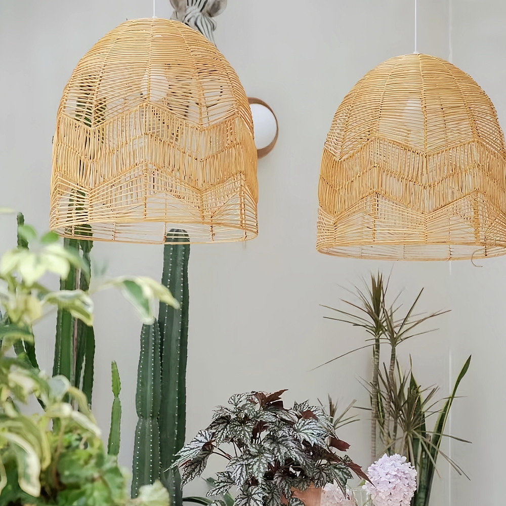 Boho ceiling light fixture farmhouse natural hand woven rattan pendant lamp shade
