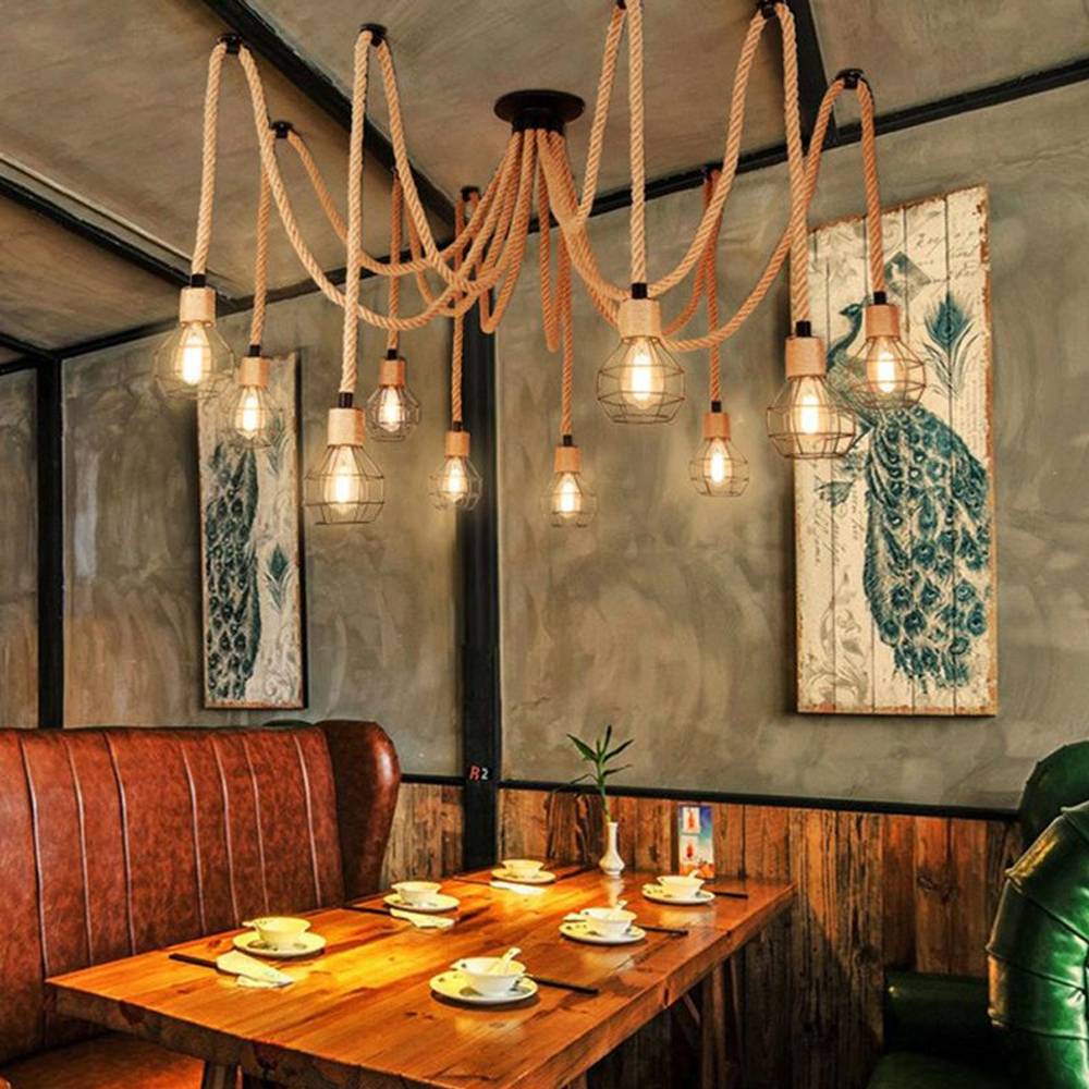 Spherical Cage Rope 6-Lights Brown Pendant Lighting Fixture