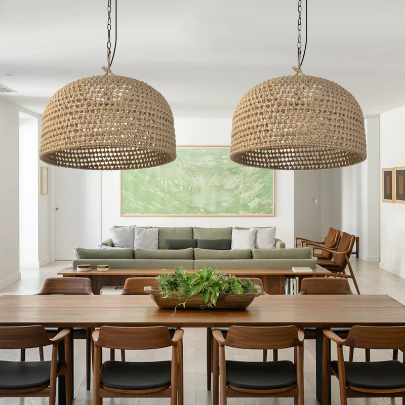 Retro Rattan Pendant Lights Kitchen Island Decor Hemp Rope Woven Lampshade