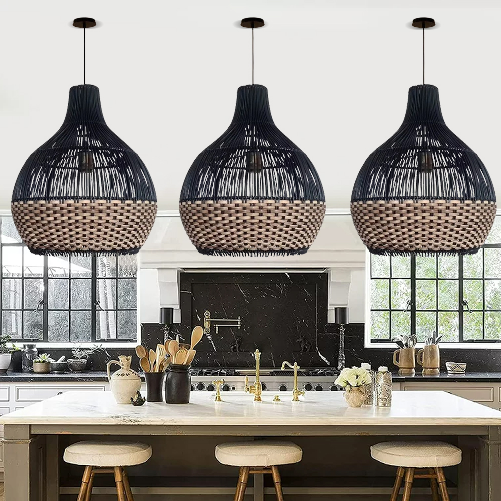 Salt Lake Handwoven Kitchen Island Black Rattan Pendant Light