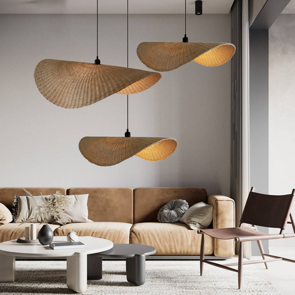 Japanese Rattan Light Pendant Wabi-sabi Retro Straw Hat Chandelier