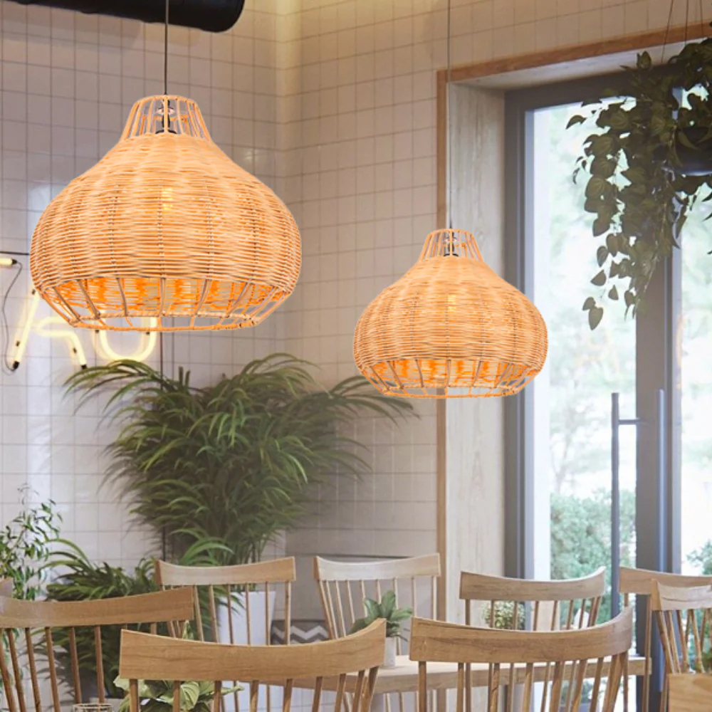 Japanese Style Wicker Hanging Chandelier Hand-Woven Rattan Pendant Lampshade