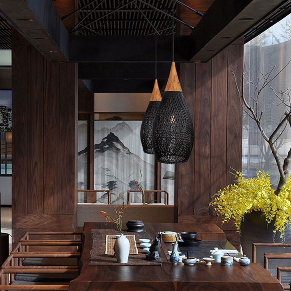 Wabi-sabi Retro Living Room Rattan Pendant Light Solid Wood Restaurant Lampshade