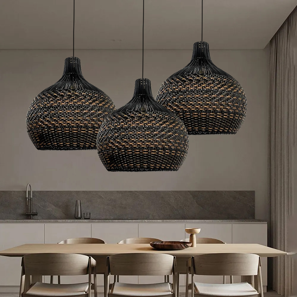 Royal Noble Black Rattan Pendant Light Fixture Dining Room Lampshade