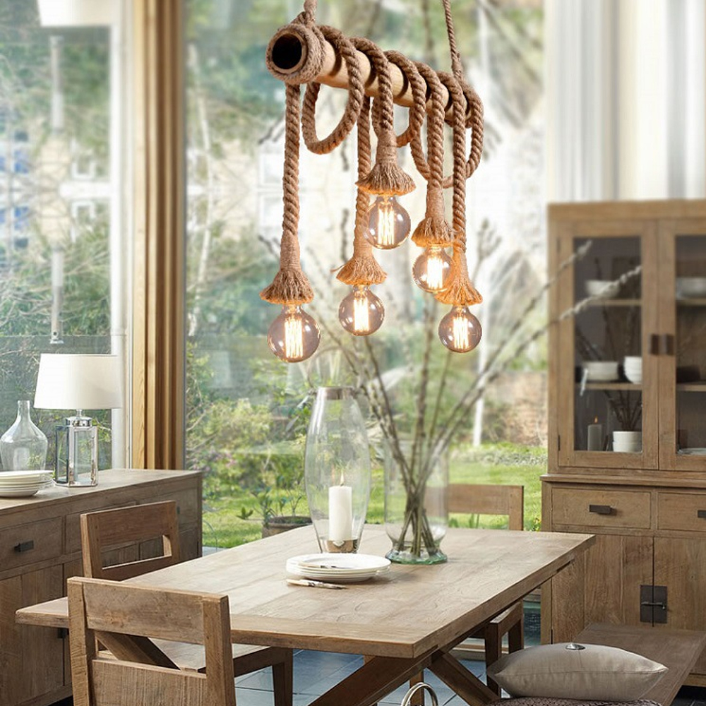 American Retro Bamboo Tube Hemp Rope Chandelier Creative Pendant Light
