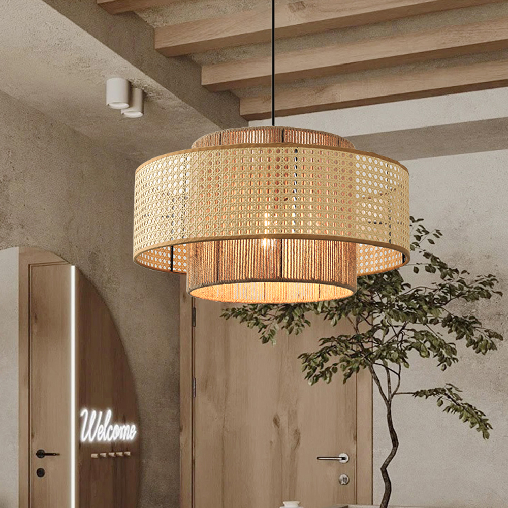 Commercial Restaurant Rattan Pendant Light Fixture Wabi-sabi Rope Woven Lantern Chandelier