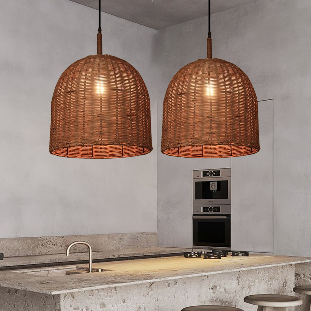 Wabi Sabi Style Dark Rattan Lampshade Retro Pastoral Restaurant Hand-woven Pendant Light