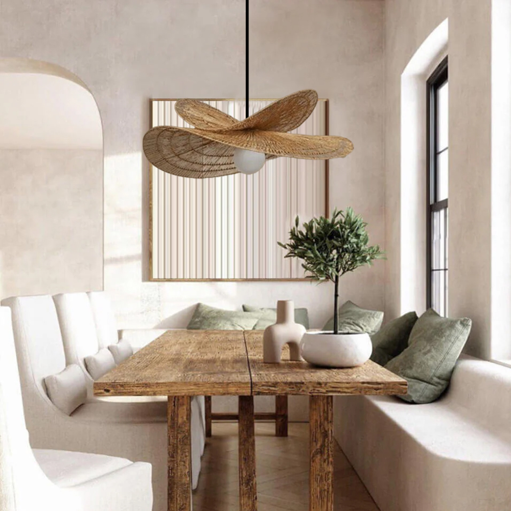 New Chinese Style Retro Rattan Art Double Layered Straw Hat Pendant Light