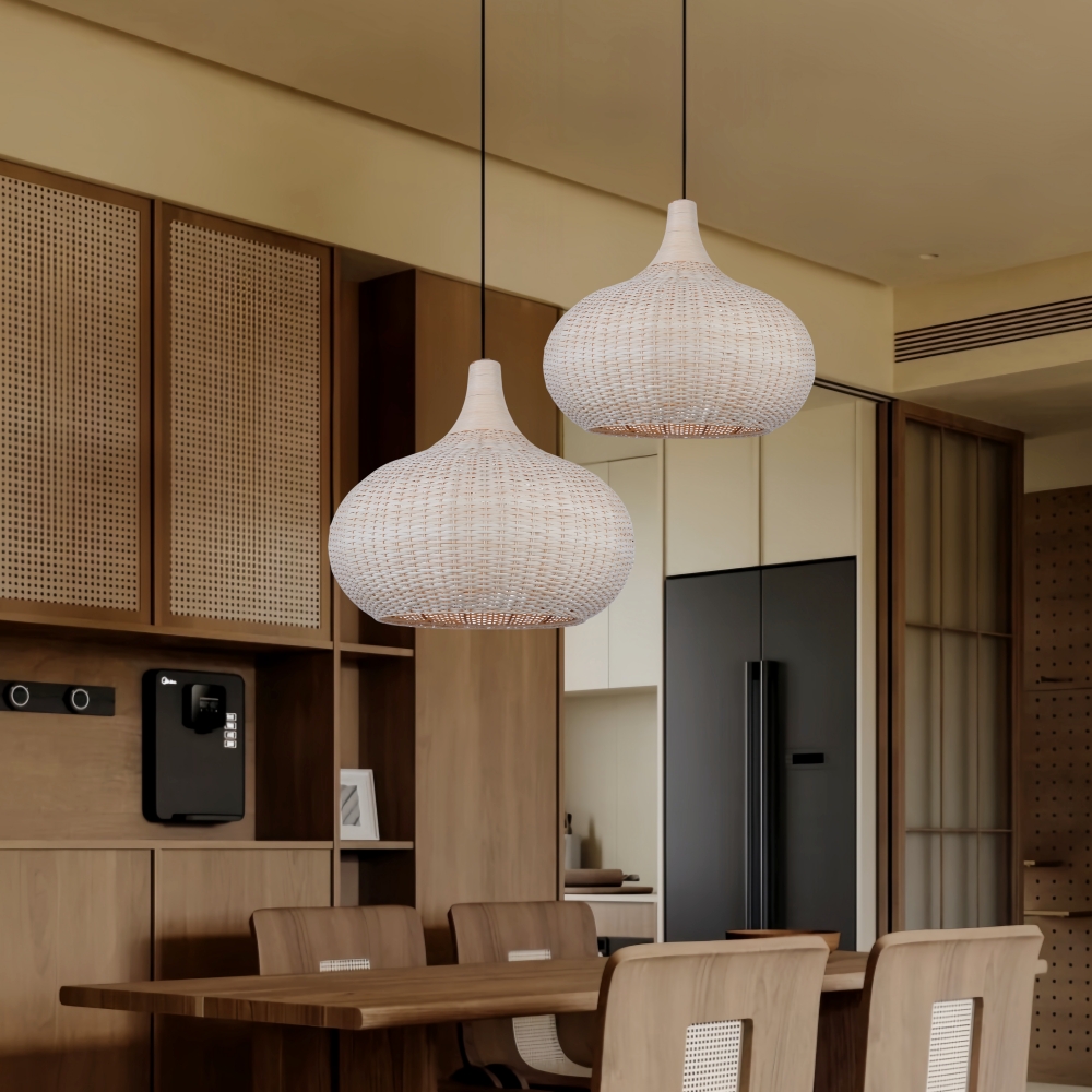 Vintage Handmade Natural  Off-White Rattan Pendant Light