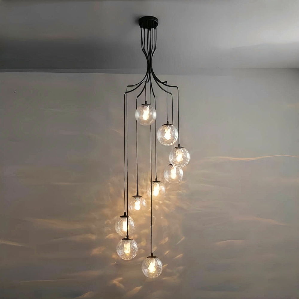Hardwired Black Staircase Pendant Lights 400 CM/13.12ft Long Multiple Glass Sphere Chandelier