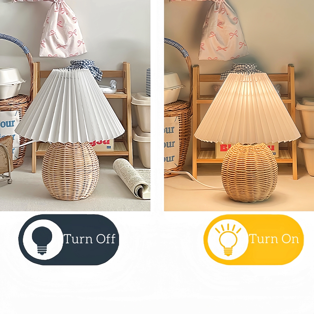 Nordic Style Retro Fabric Pleated Lampshade Rattan Woven Small Table Lamp