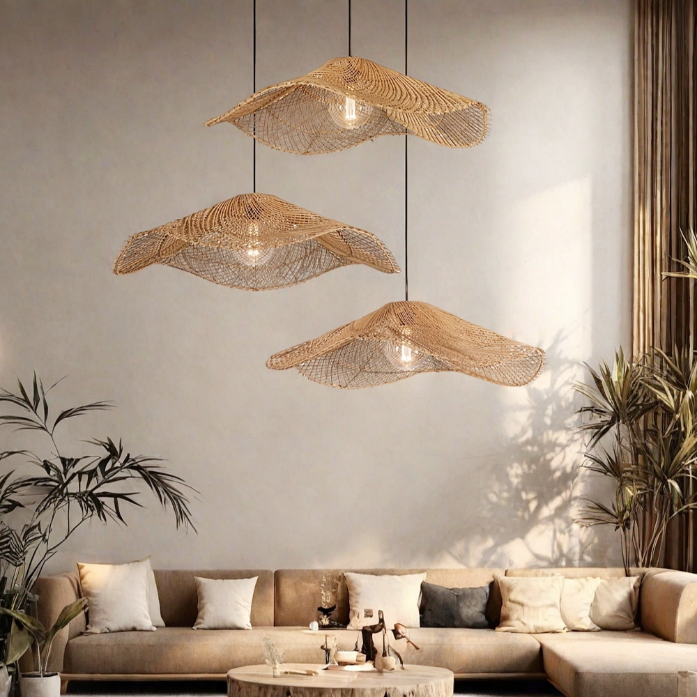 Handwoven Straw Hat Restaurant Pendant Light Wabi-sabi Style Rattan Chandelier