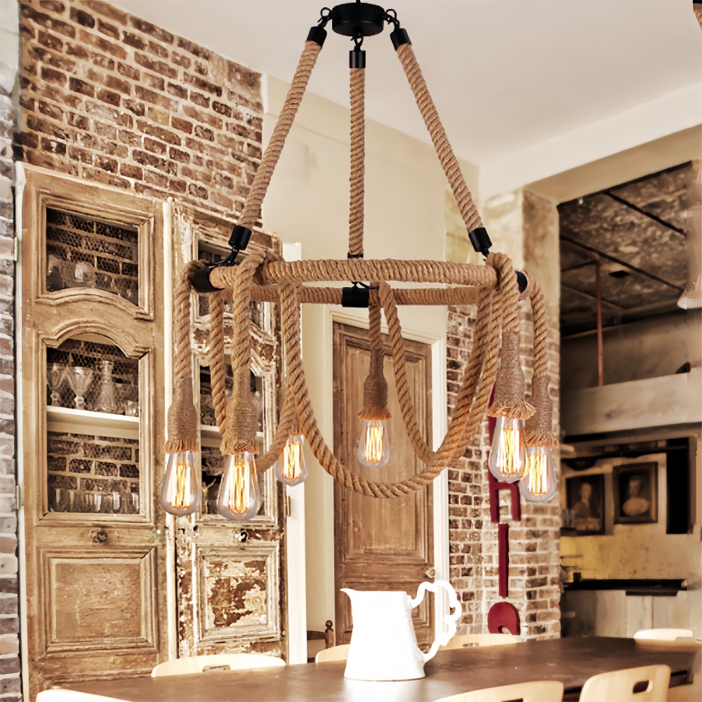 Vintage Industrial Hemp Rope Chandelier Restaurant & Coffee Shop Decor