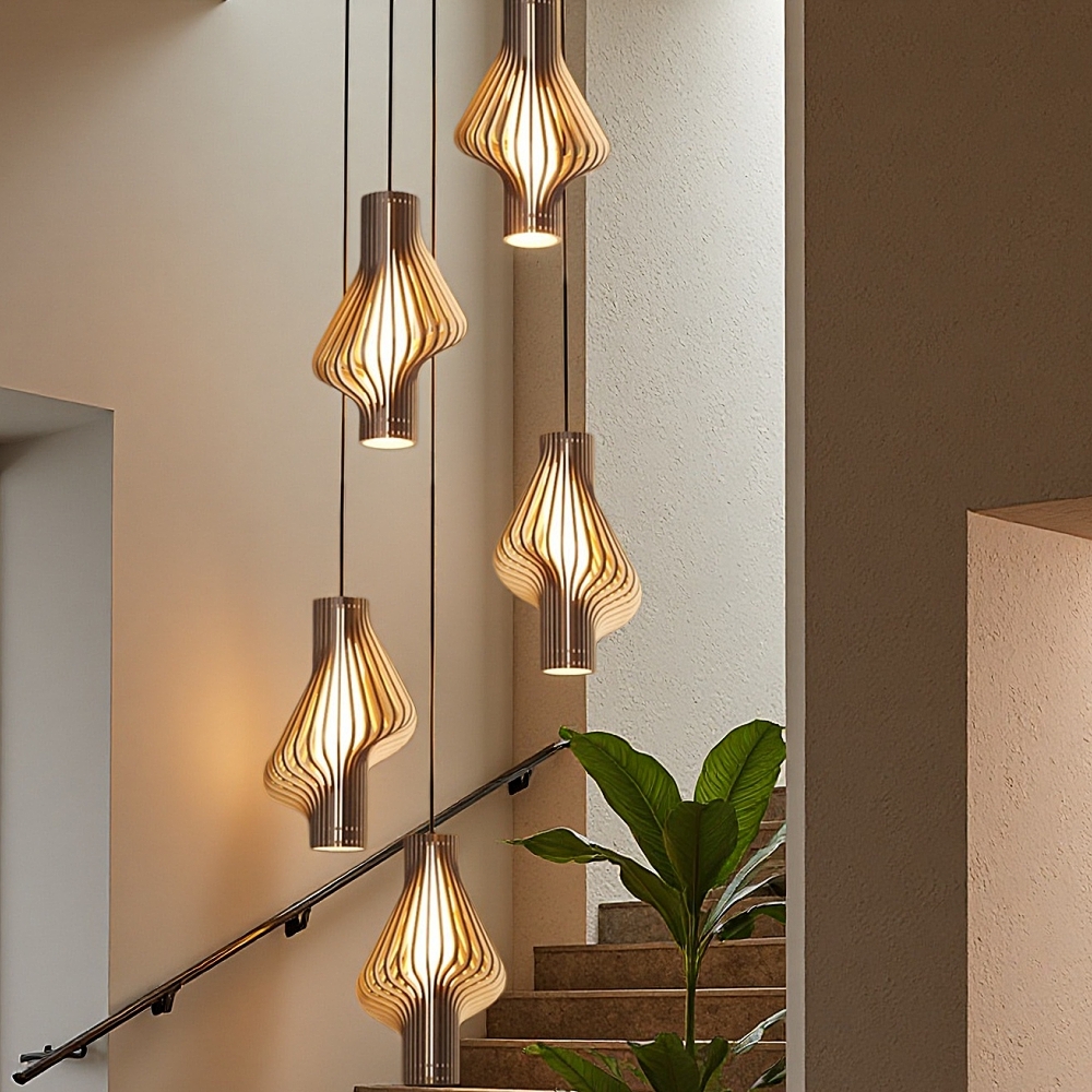 Mid-Century Curved Wood Slat Pendant Lamp