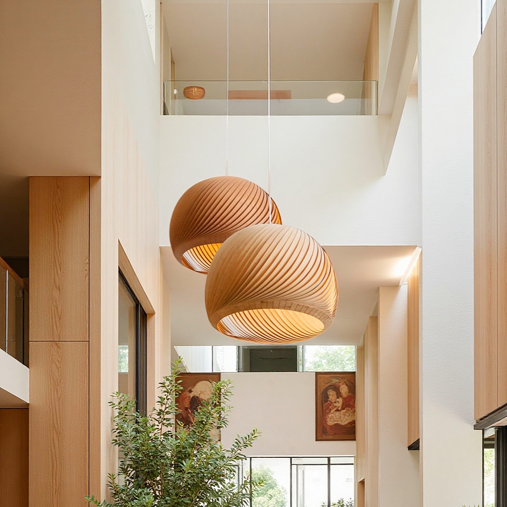 Spiral Wood Veneer Dome Pendant Light
