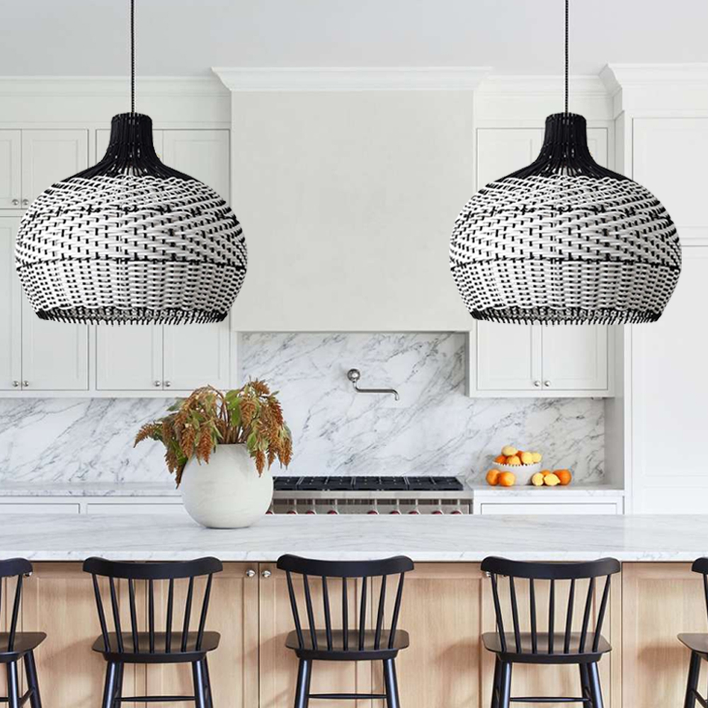 Kitchen Island Wicker Rattan Chandelier Black White Lampshade