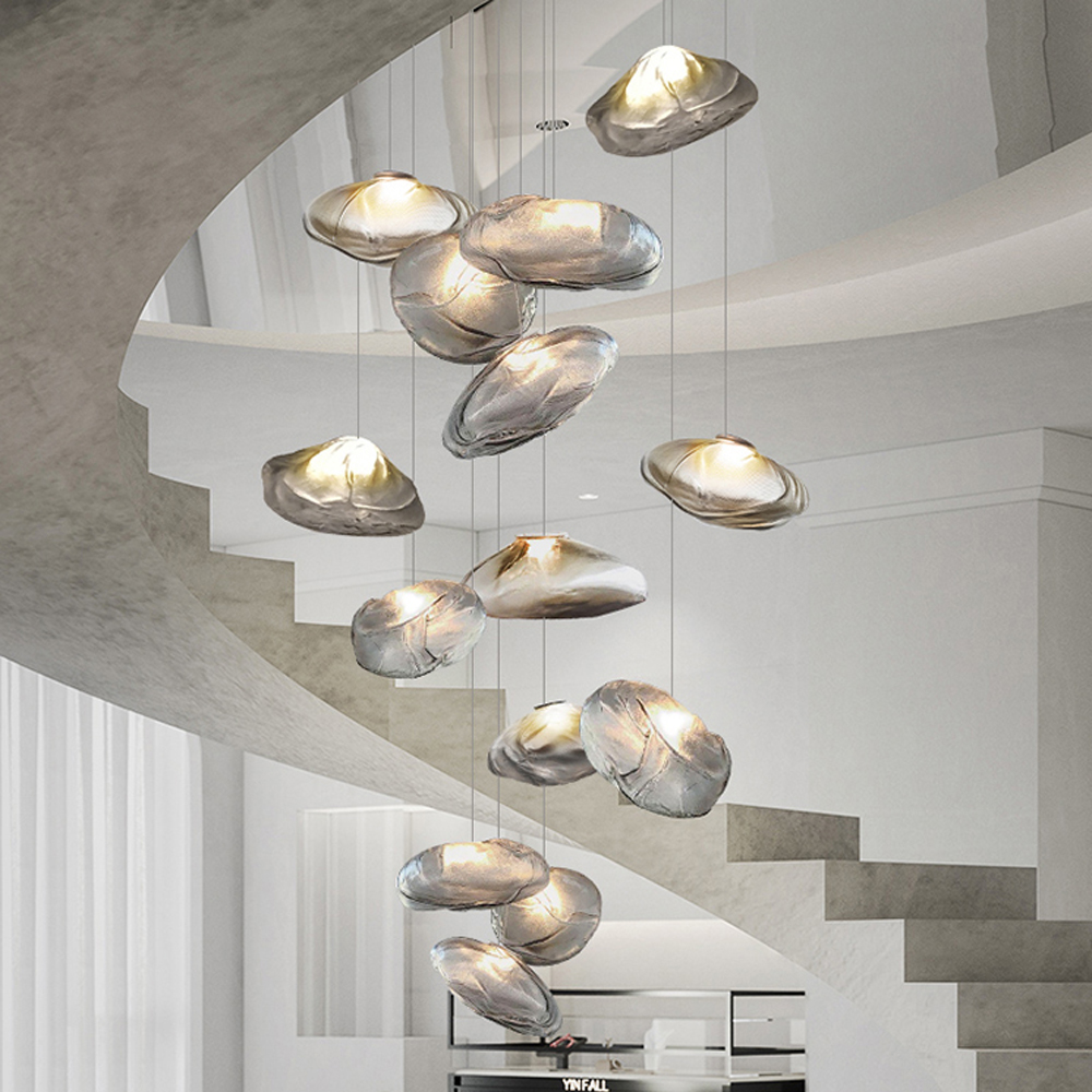 Large space loft staircase chandelier hotel lobby cloud glass long hanging chandelier duplex apartment pendant light