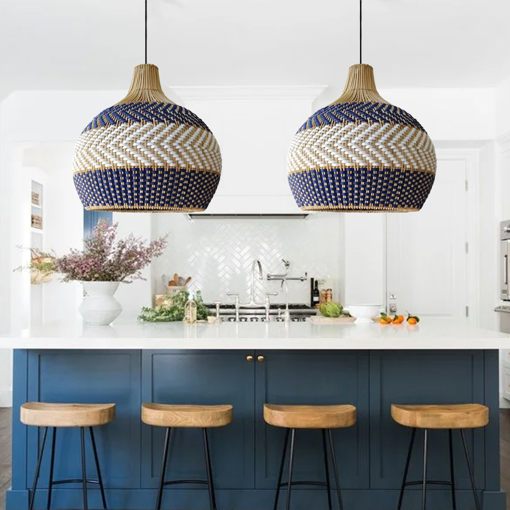 Coastal Charm Blue Chandelier Handwoven Wicker Rattan Pendant Light