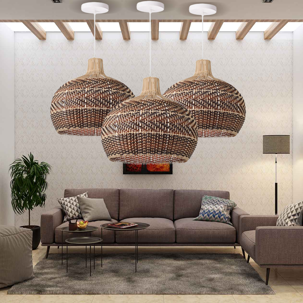 Hand-woven Black And Brown Spliced Rattan Chandelier Herringbone Wicker Pendant light