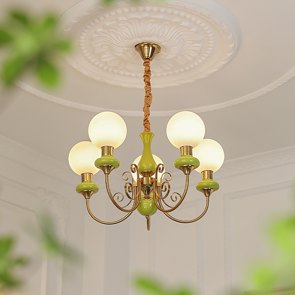 French Pastoral Fruit Green Glass Pendant Lamp B&B Retro Living Room Chandelier