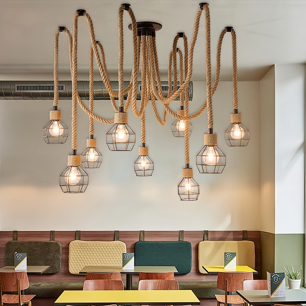 Spherical Cage Rope 6-Lights Brown Pendant Lighting Fixture