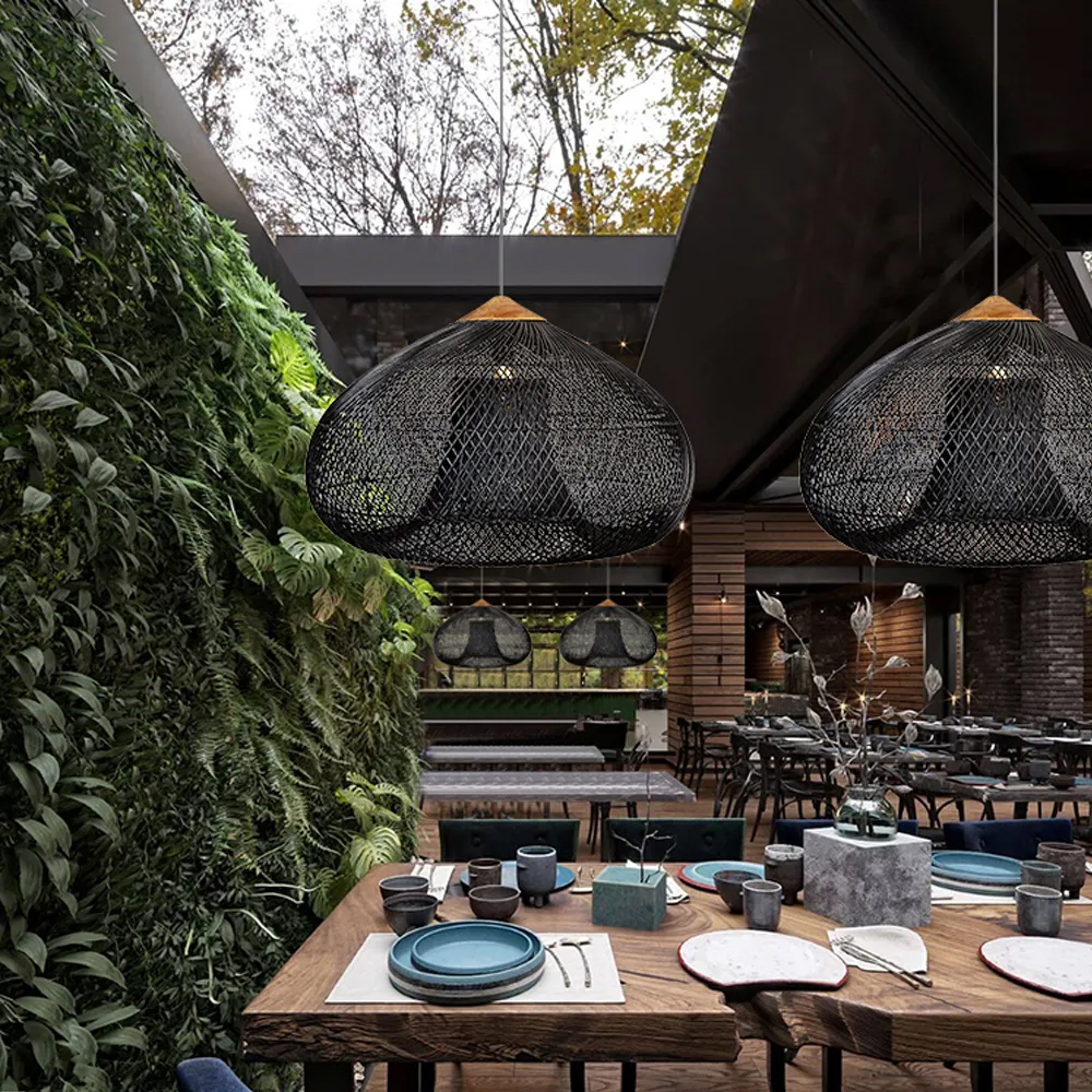 Wabi-sabi Rattan Woven Pendant Light Kitchen Dining Room Hanging Lampshade Ceiling Lighting Chandelier