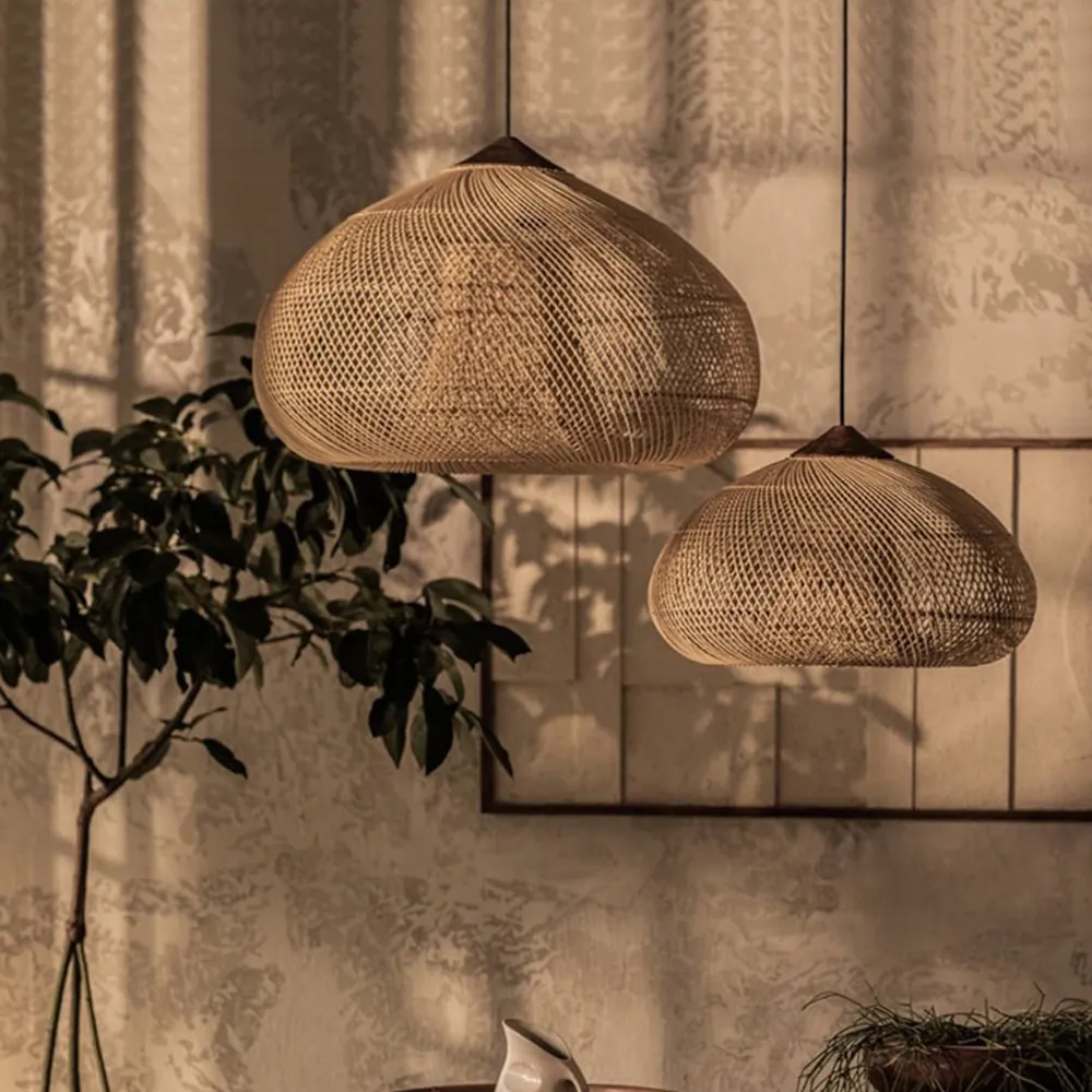 Wabi-sabi Rattan Woven Pendant Light Kitchen Dining Room Hanging Lampshade Ceiling Lighting Chandelier