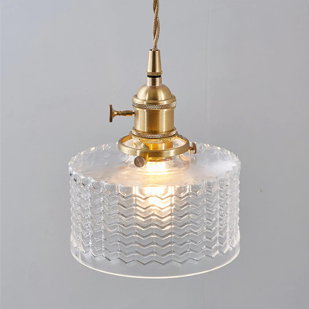 Classic Vintage Green Glass Pendant Light Cylinder Wavy Small Light Fixture