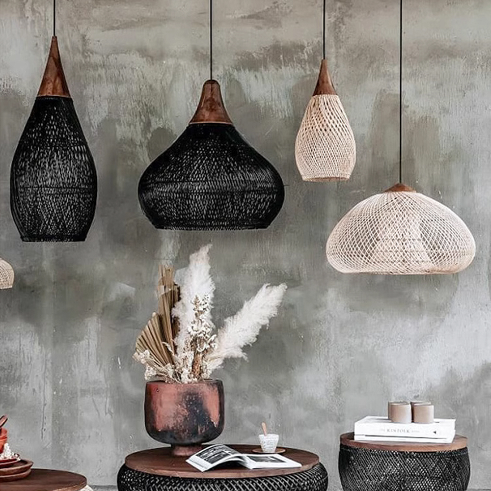 Wabi-sabi Rattan Woven Pendant Light Kitchen Dining Room Hanging Lampshade Ceiling Lighting Chandelier