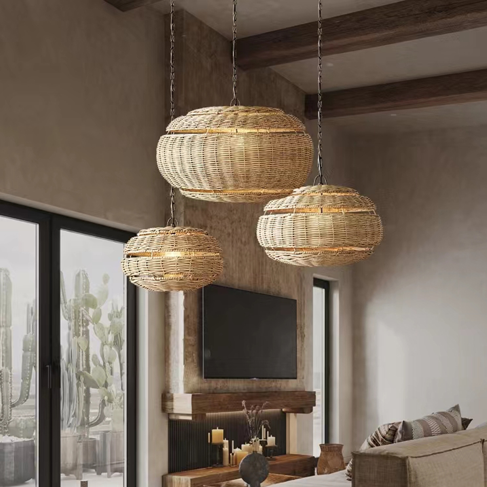 Moroccan Handmade Rattan Raffia Natural Chandelier Wabi Sabi Wicker Lampshade