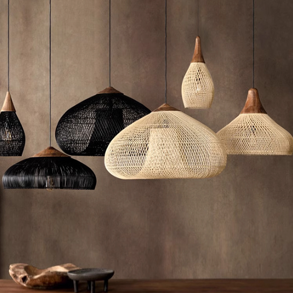 Wabi-sabi Rattan Woven Pendant Light Kitchen Dining Room Hanging Lampshade Ceiling Lighting Chandelier