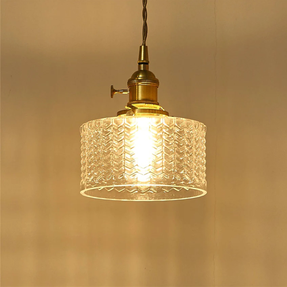 Classic Vintage Green Glass Pendant Light Cylinder Wavy Small Light Fixture