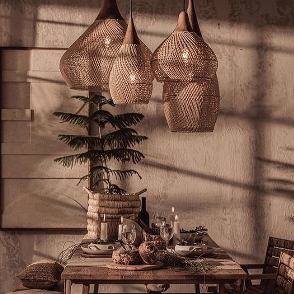 Wabi-sabi Rattan Woven Pendant Light Kitchen Dining Room Hanging Lampshade Ceiling Lighting Chandelier