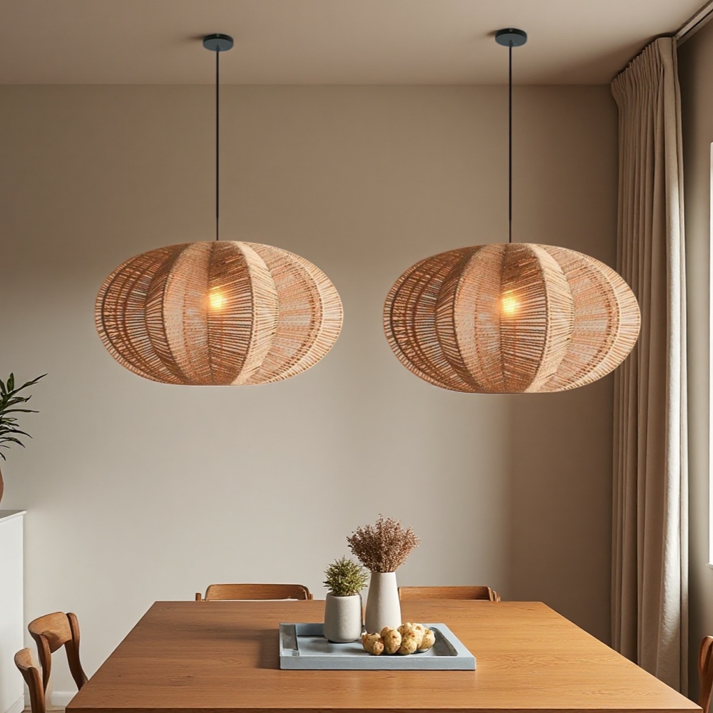 Bohemian Woven Rattan Oval Pendant Lamp Natural Textured Lighting